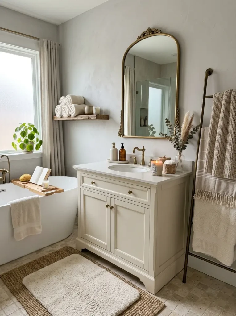 Elegant neutral bathroom decor with ivory towels, beige rugs, and layered soft textures.