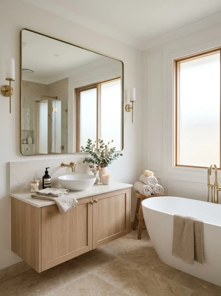 Bright neutral bathroom ideas with beige flooring, warm white walls, and elegant spa-inspired styling.