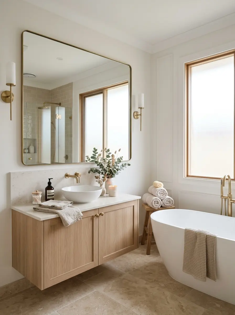 Bright neutral bathroom ideas with beige flooring, warm white walls, and elegant spa-inspired styling.
