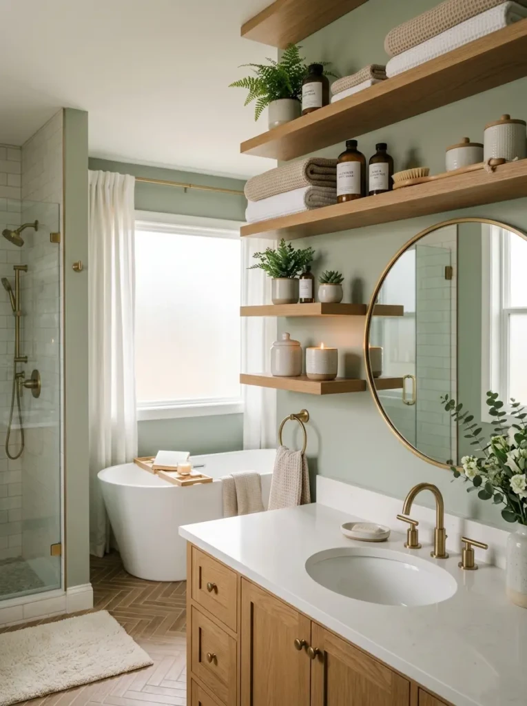 Beautifully styled bathroom with cohesive shelves creating a calm and elegant spa-like atmosphere