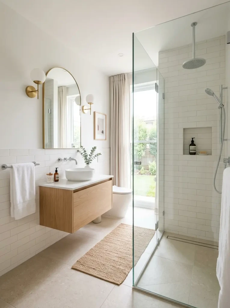 Modern neutral bathroom with warm white subway tiles and beige porcelain flooring.