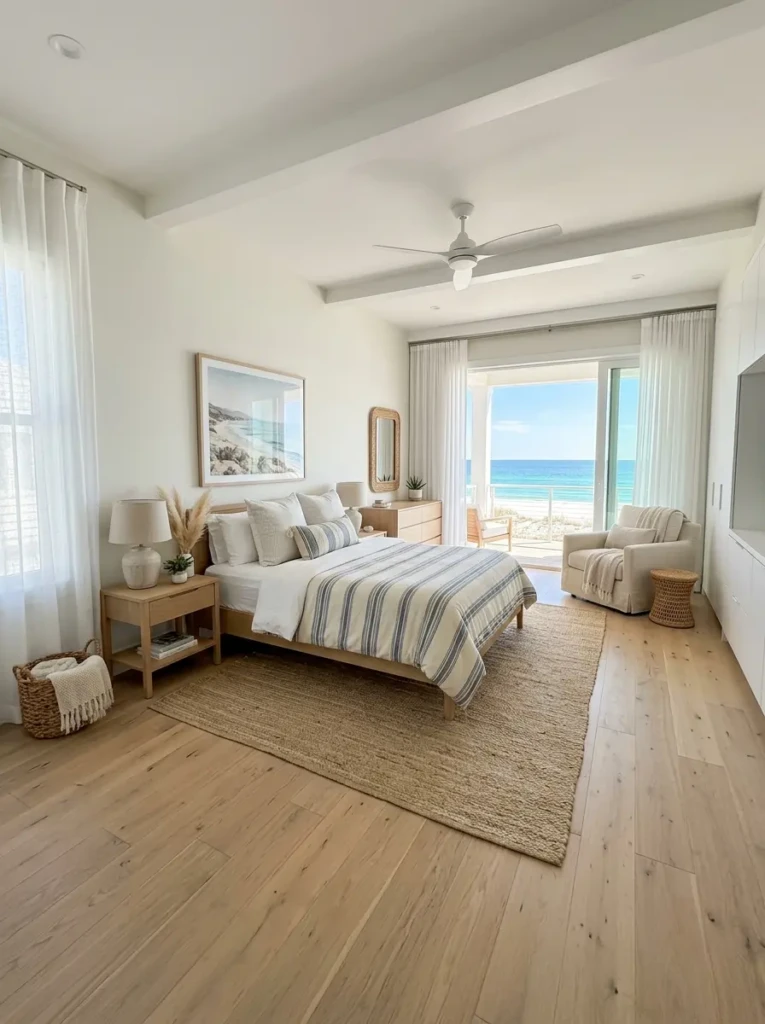 well-organized beach bedroom layout with open space and minimal furniture for easy movement