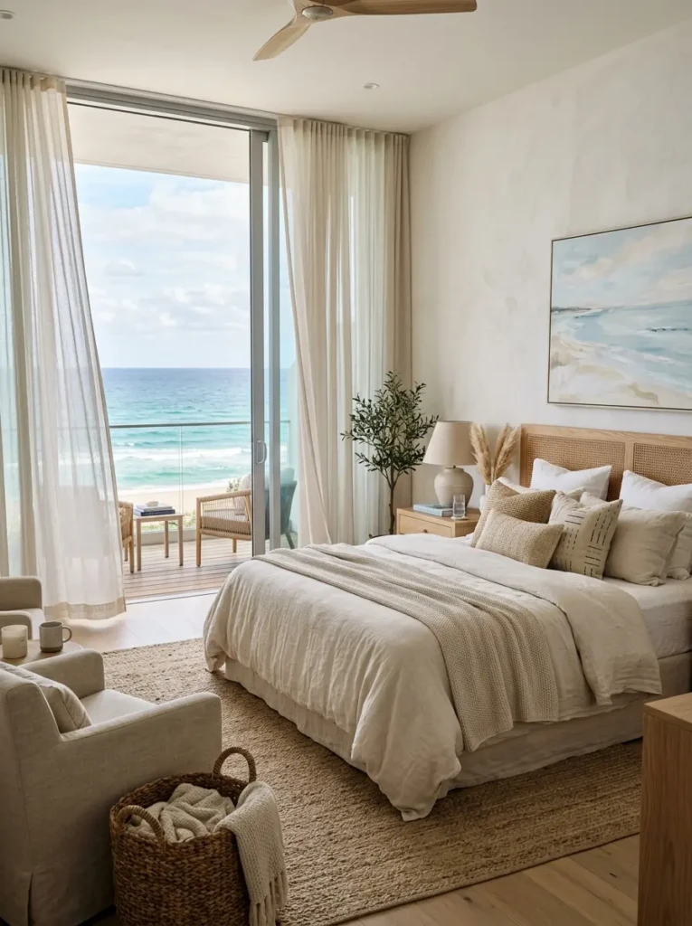 luxurious master beach bedroom with ocean view and serene coastal ambiance