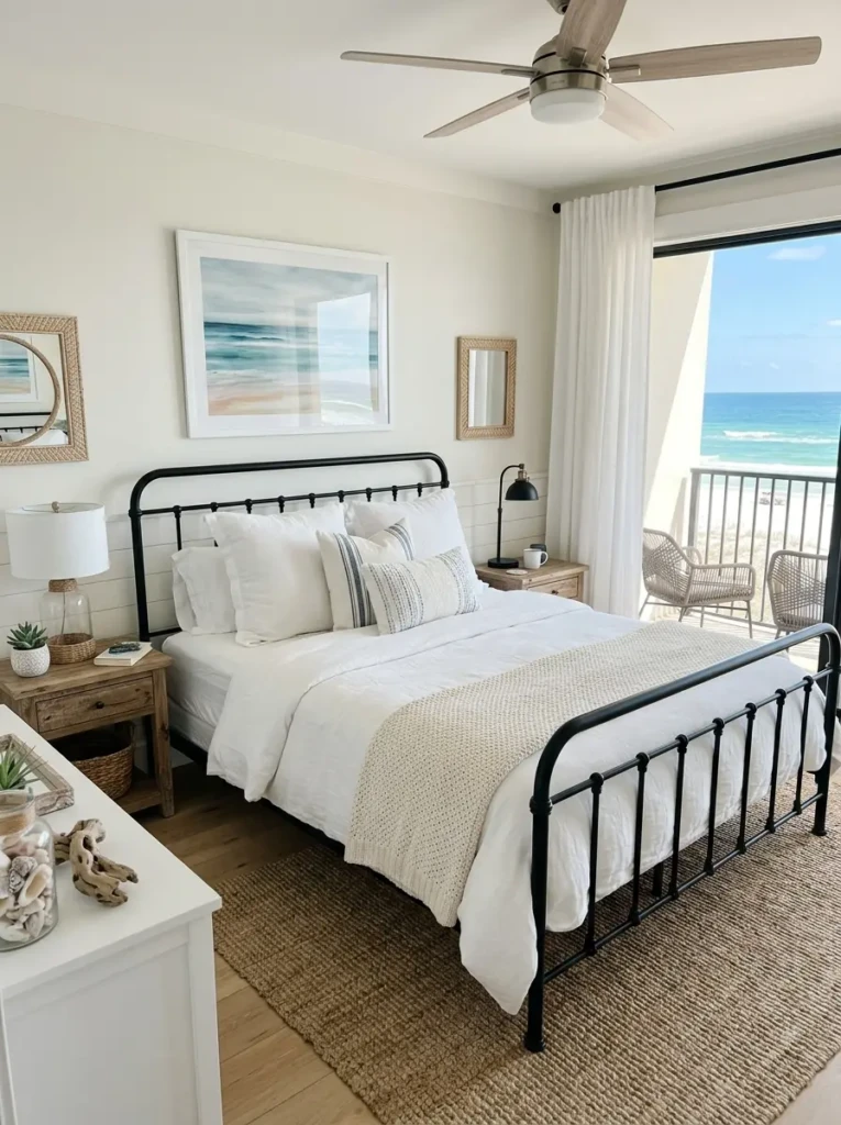 beach bedroom with black metal bed frame contrasting soft white bedding and coastal tones