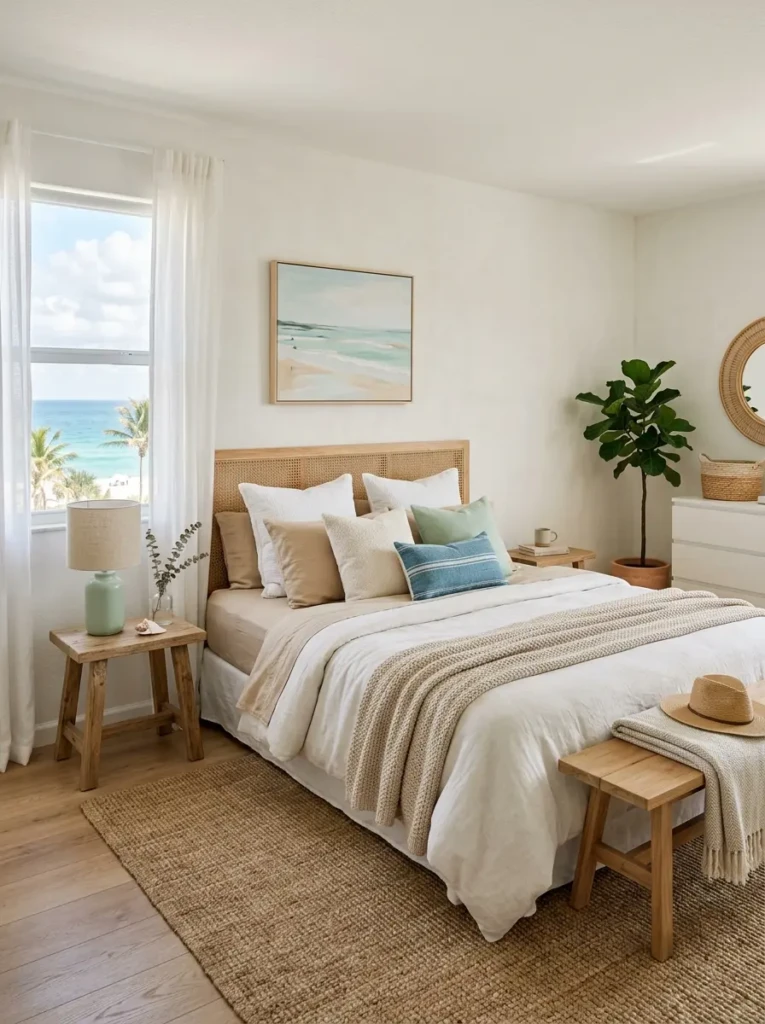 beach bedroom with soft white, sandy beige, and ocean blue color palette creating a calm atmosphere
