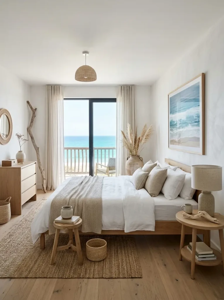minimalist beach bedroom with subtle coastal decor like driftwood and ocean artwork