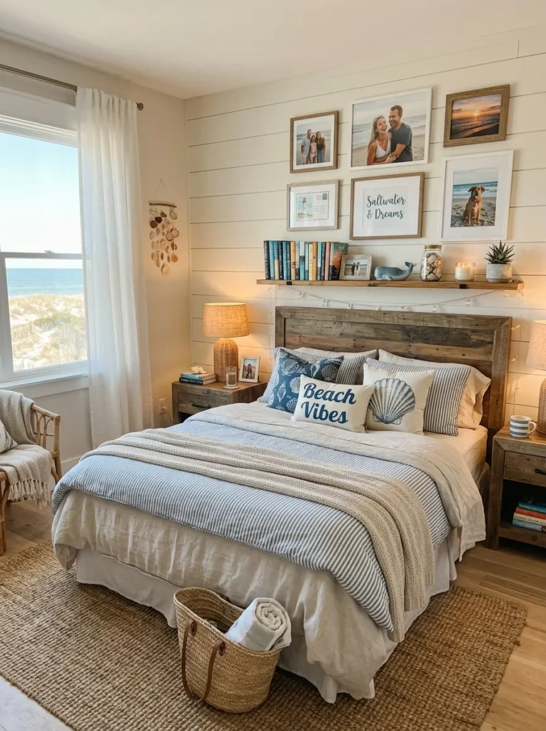 beach bedroom with personal decor like framed photos and books adding warmth and character