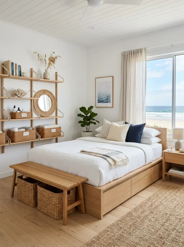 clutter-free beach bedroom with hidden storage, woven baskets, and organized shelves