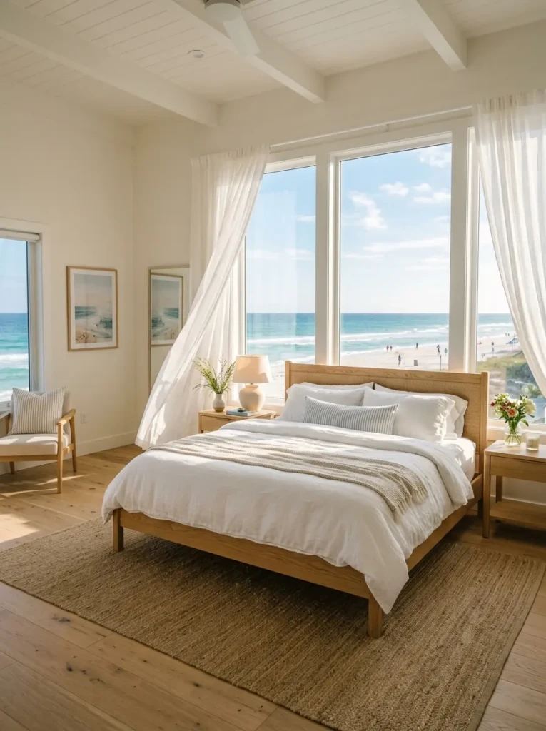 bright bedroom with window behind bed, sheer curtains, and natural sunlight filling the coastal space