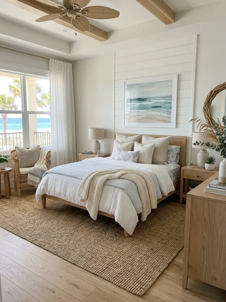 beach bedroom with natural fiber rug under bed creating a cozy and defined layout