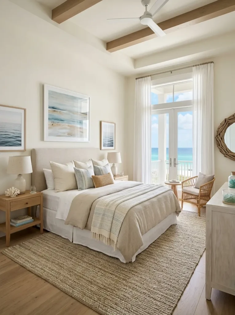 harmonious beach bedroom with balanced decor, neutral tones, and calming layout