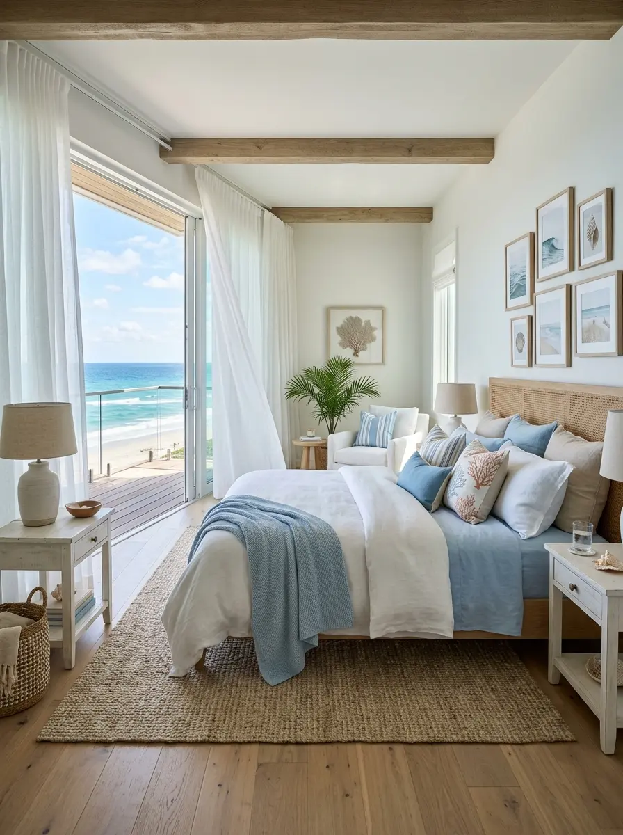 airy master beach bedroom with soft blue and white tones, large windows, and relaxing coastal decor