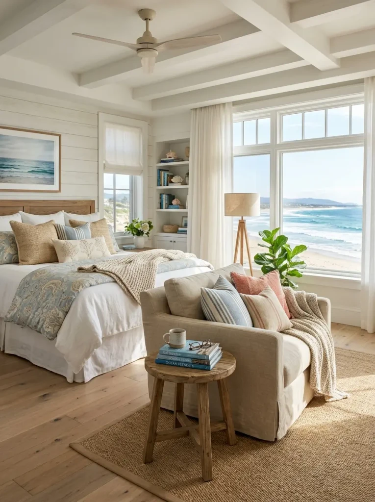 master beach bedroom with cozy chair near window creating a relaxing seating nook
