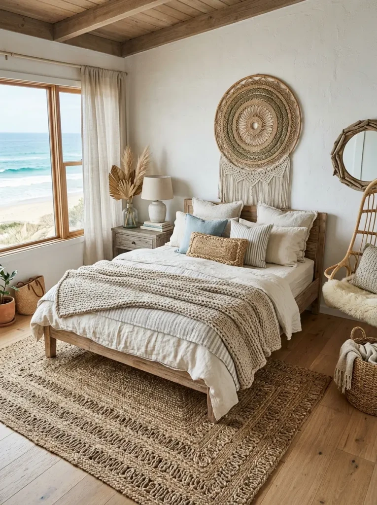 beach bedroom with woven rugs, knitted blankets, and textured cushions adding depth to design