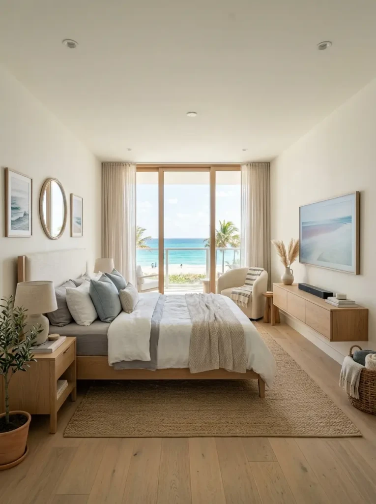 modern beach bedroom with wall-mounted TV integrated into clean and minimal coastal decor