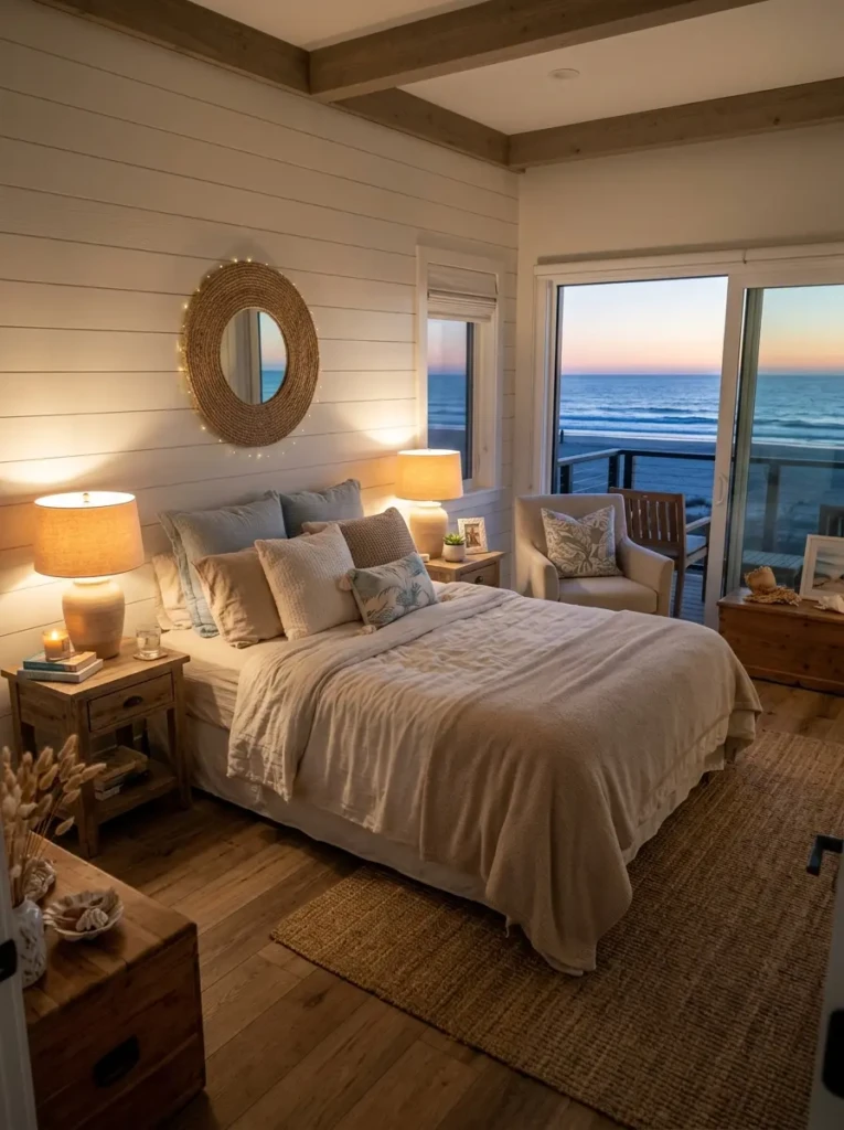 beach bedroom with warm ambient lighting and bedside lamps creating a calm and relaxing mood
