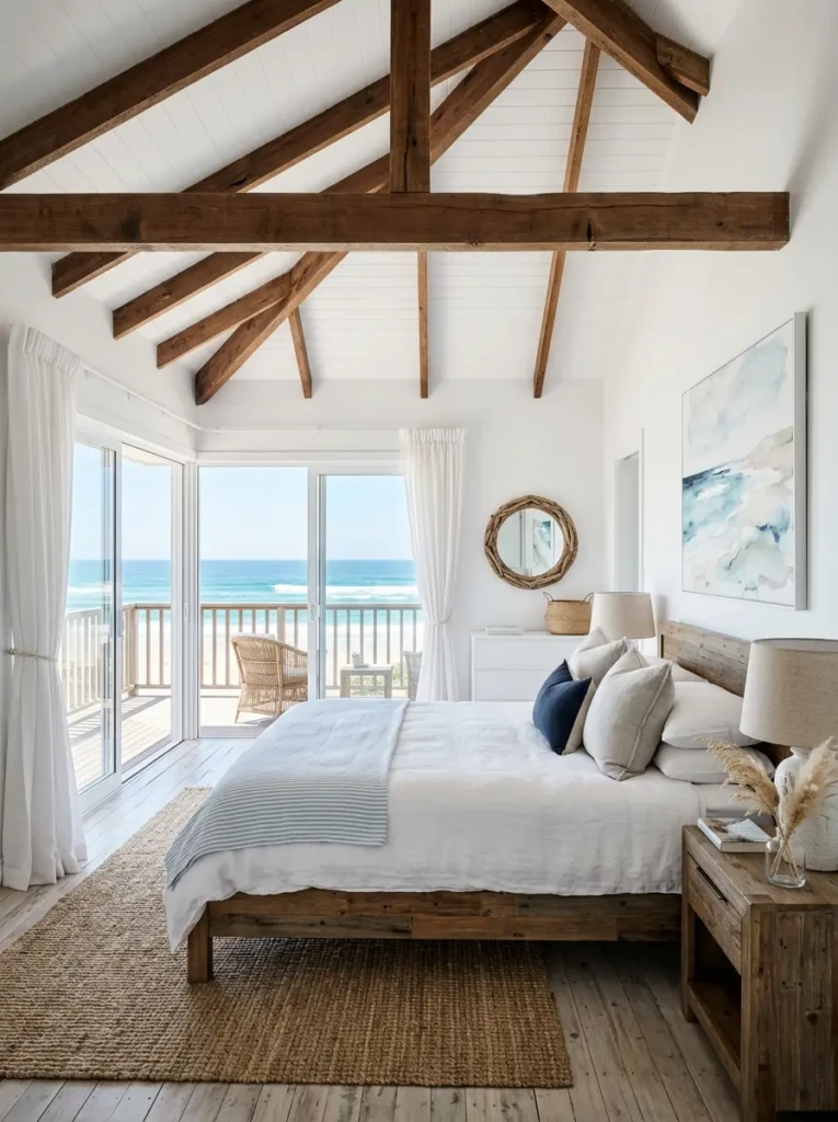 coastal bedroom with white ceiling and wooden beams enhancing light and airy feel
