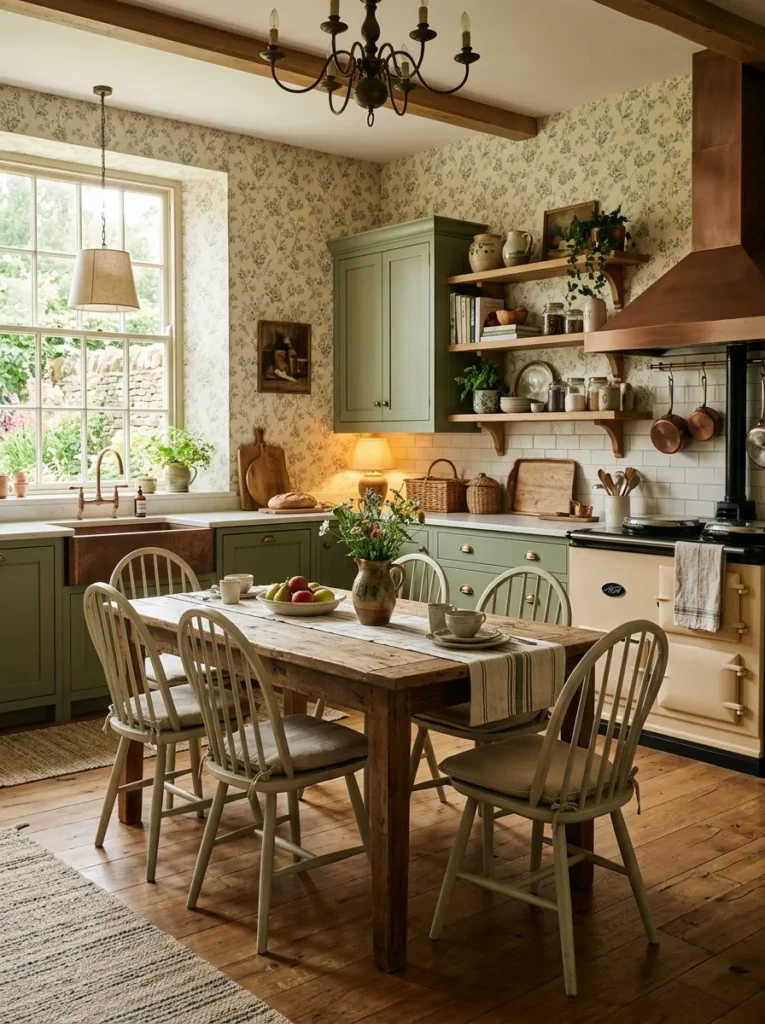 Cohesive farmhouse kitchen with wallpaper, farmhouse kitchen table, cabinets, and rustic décor in warm lighting