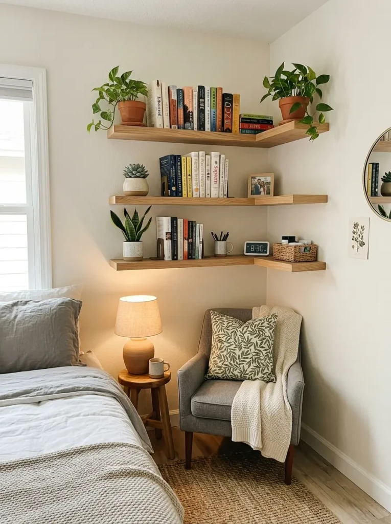 corner shelves in bedroom maximizing space in small room design