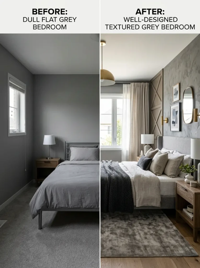 A comparison of a dull grey bedroom versus a well-designed space with contrast and textures
