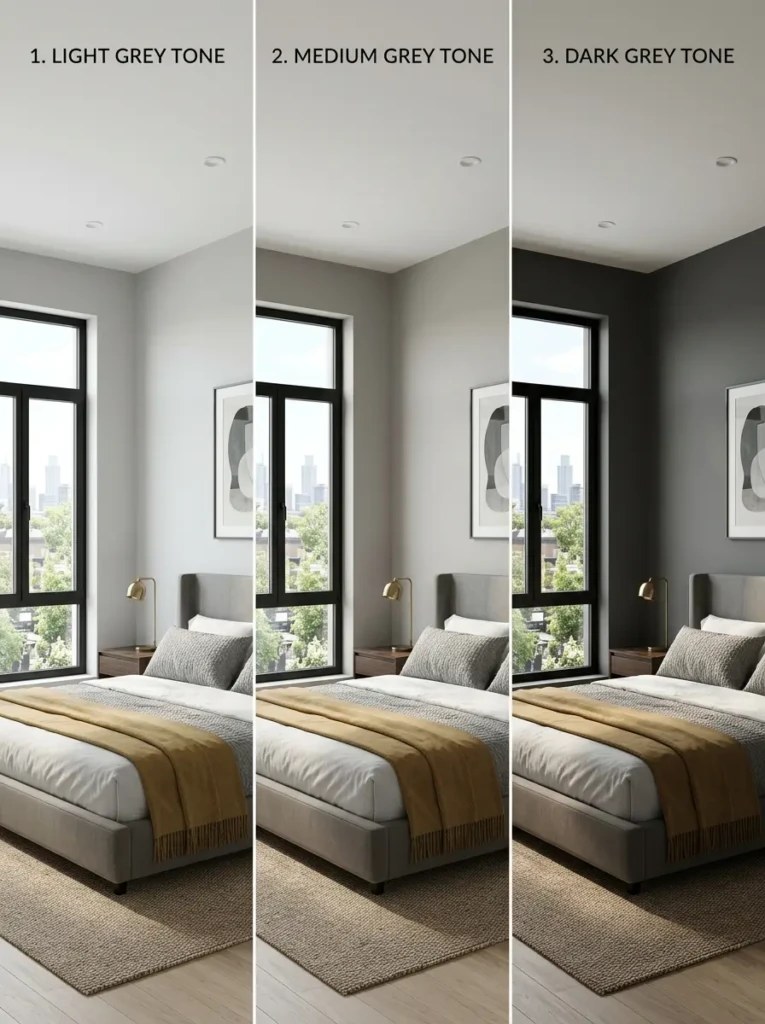 Comparison of light, medium, and dark grey shades in bedroom design with modern furniture