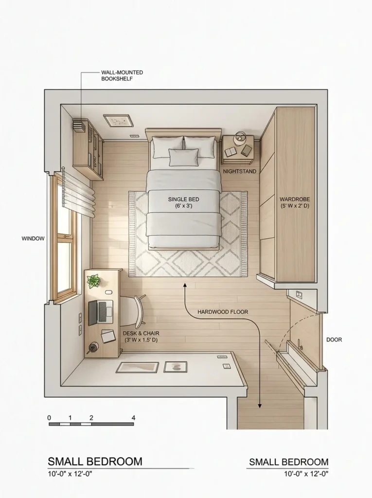 Organized small bedroom layout showing smart furniture placement and minimal clutter