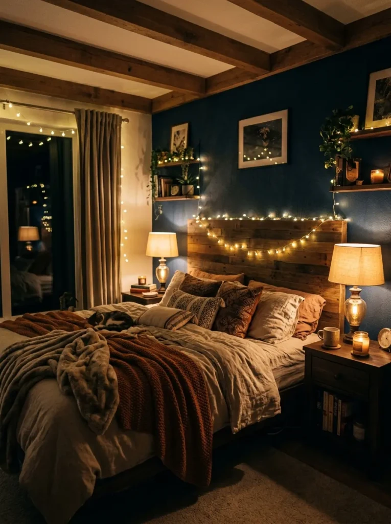Warm bedroom with soft glowing lamps and ambient lighting creating a relaxing nighttime atmosphere
