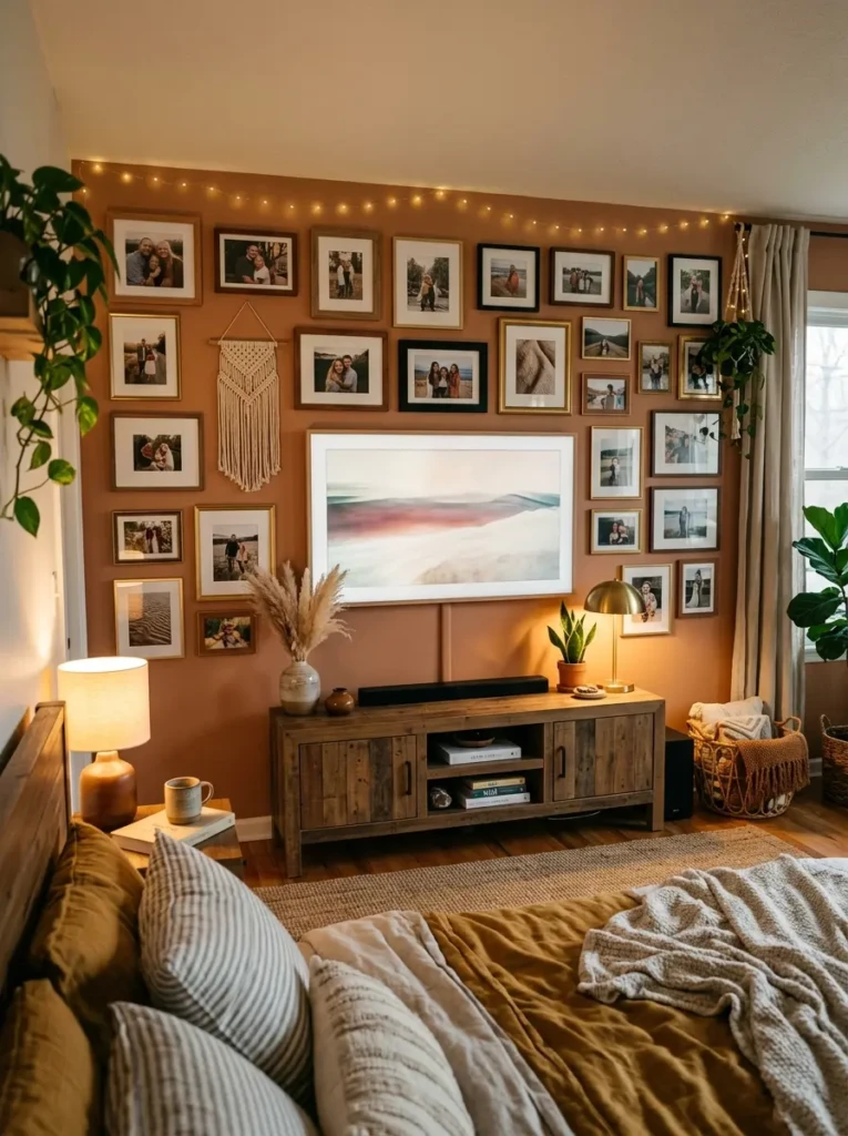 Bedroom media wall featuring a gallery of framed photos arranged around a television