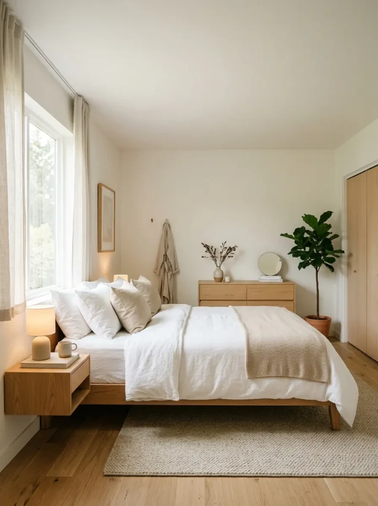 Decluttered warm bedroom with minimal decor and soft neutral tones creating a peaceful environment