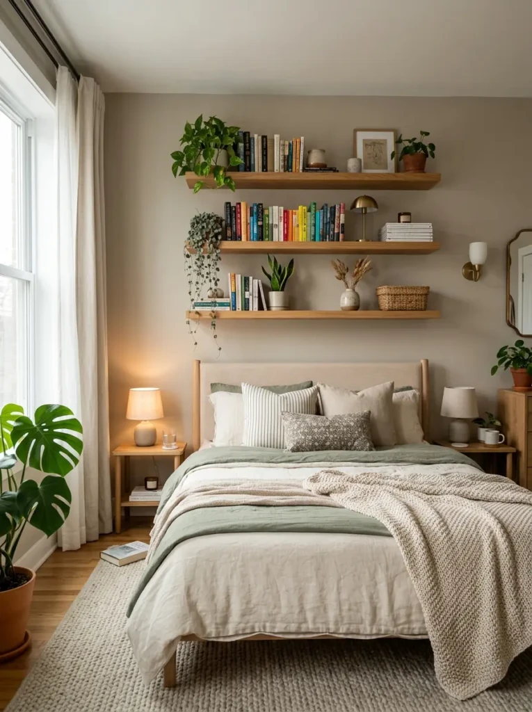 shelves in bedroom installed above bed with books and plants decor