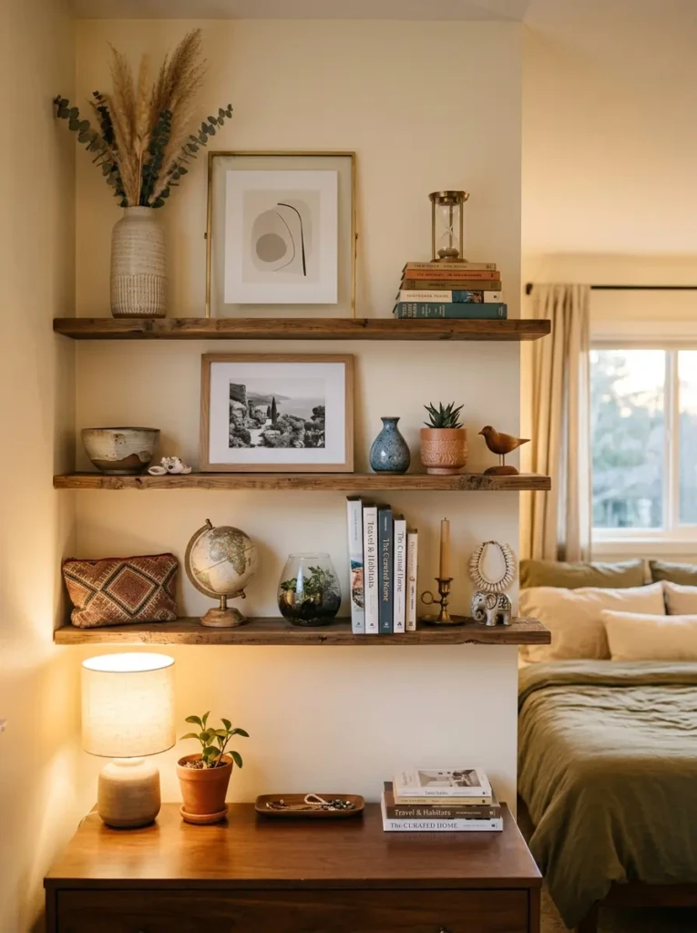 shelves in bedroom displaying decorative items like vases and artwork