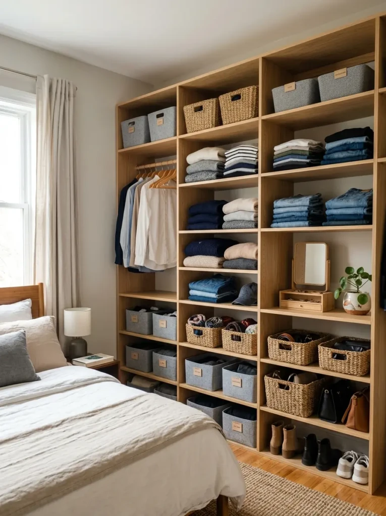 shelves in bedroom used for storing clothes accessories and essentials