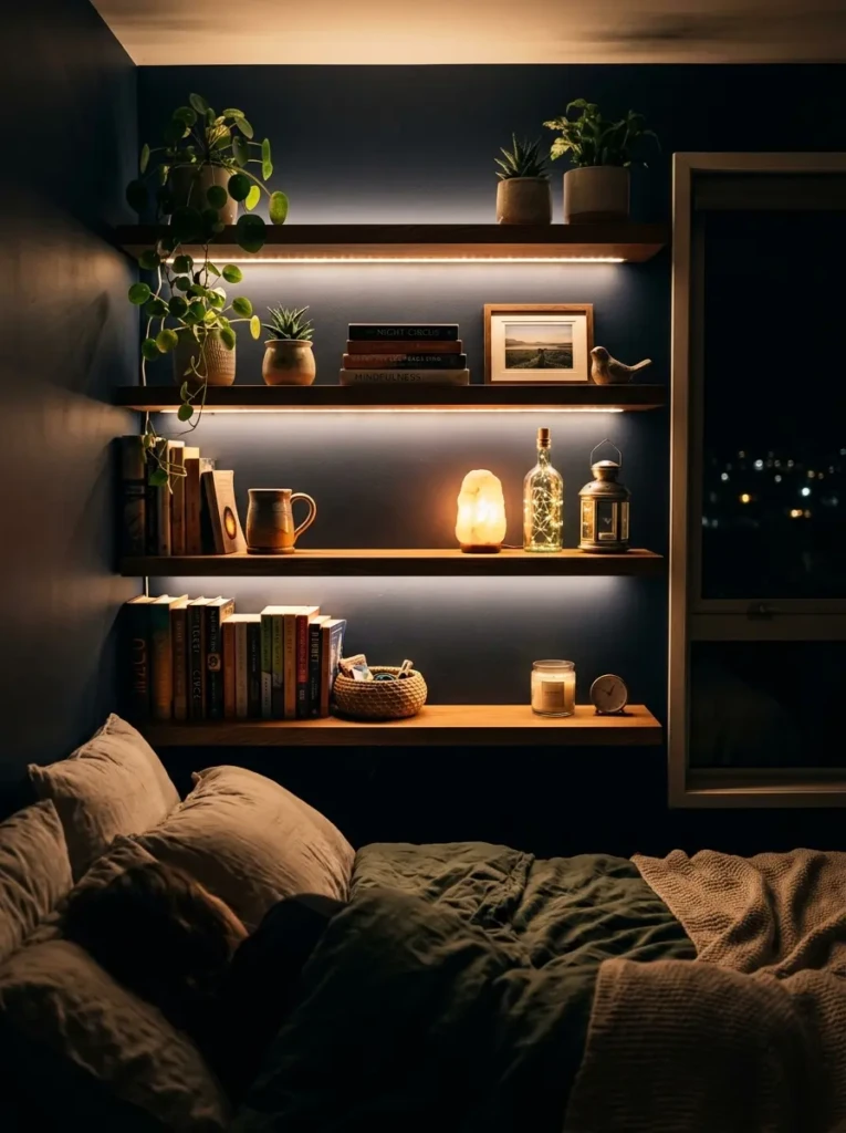 shelves in bedroom with warm LED lighting creating cozy ambiance
