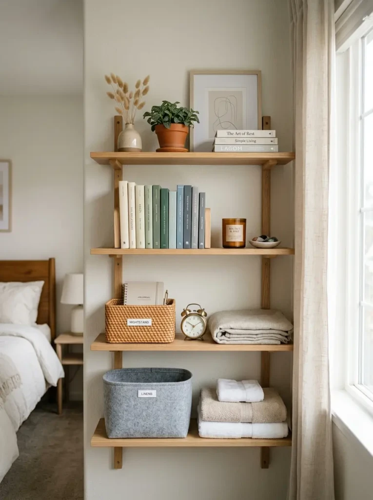 neatly arranged shelves in bedroom with clean and minimal look