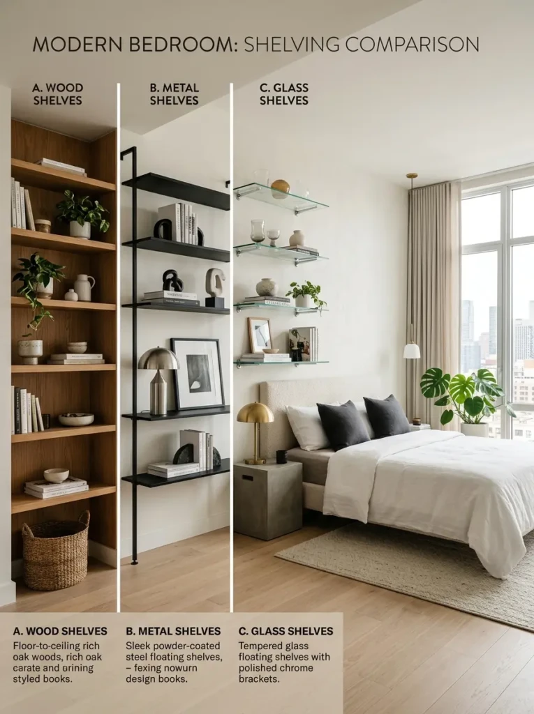 shelves in bedroom made of wood metal and glass materials comparison