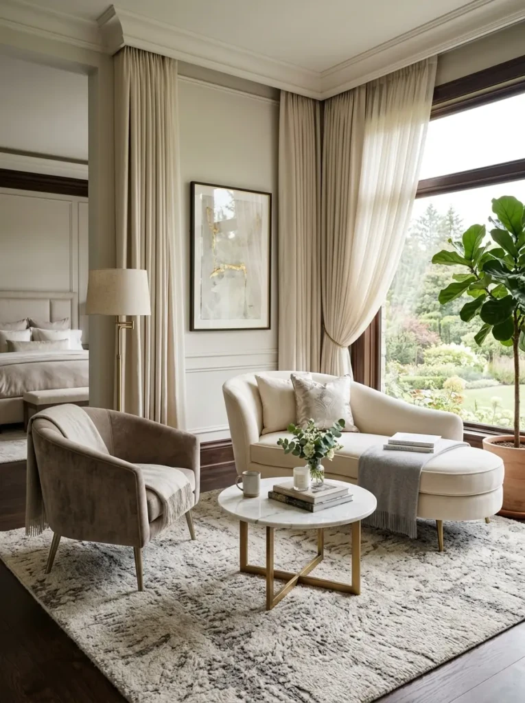 Luxury bedroom master with chaise lounge seating area by the window and elegant cozy decor.