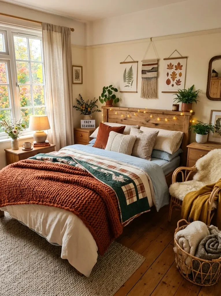 Warm bedroom styled with seasonal textiles showing cozy winter layers and light summer fabrics