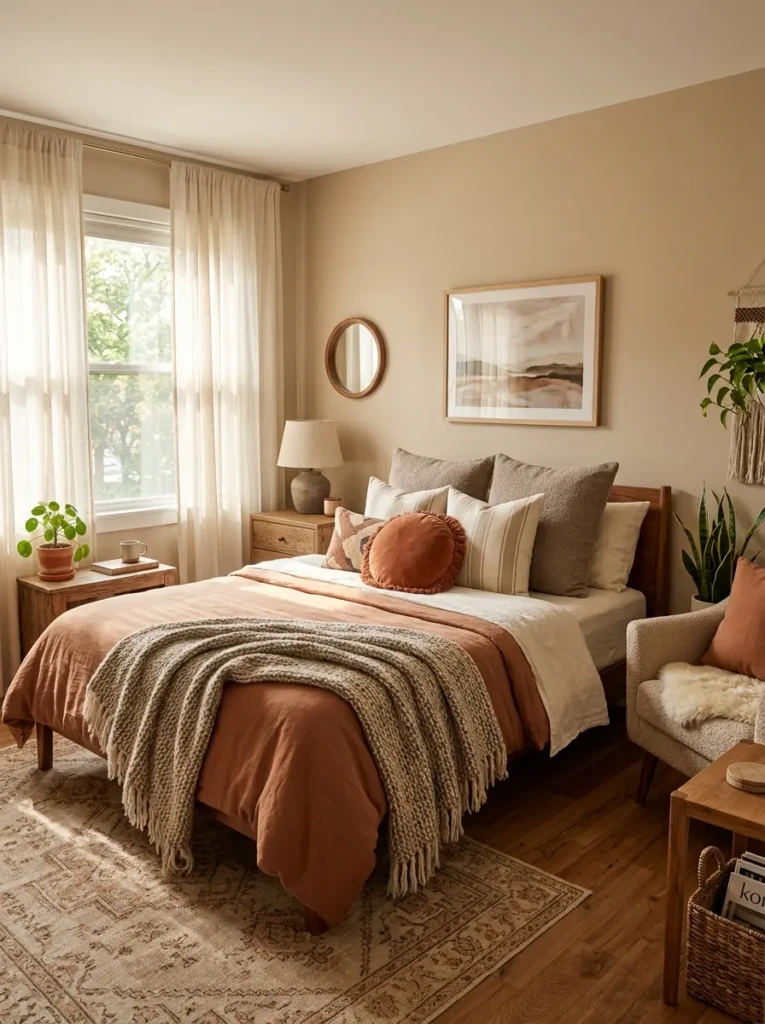 Bedroom styled with warm bedroom colors including beige, terracotta, and soft brown tones for a cozy look