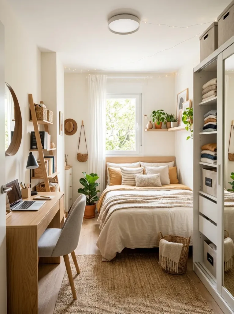Beautifully designed small bedroom with modern decor and cozy atmosphere