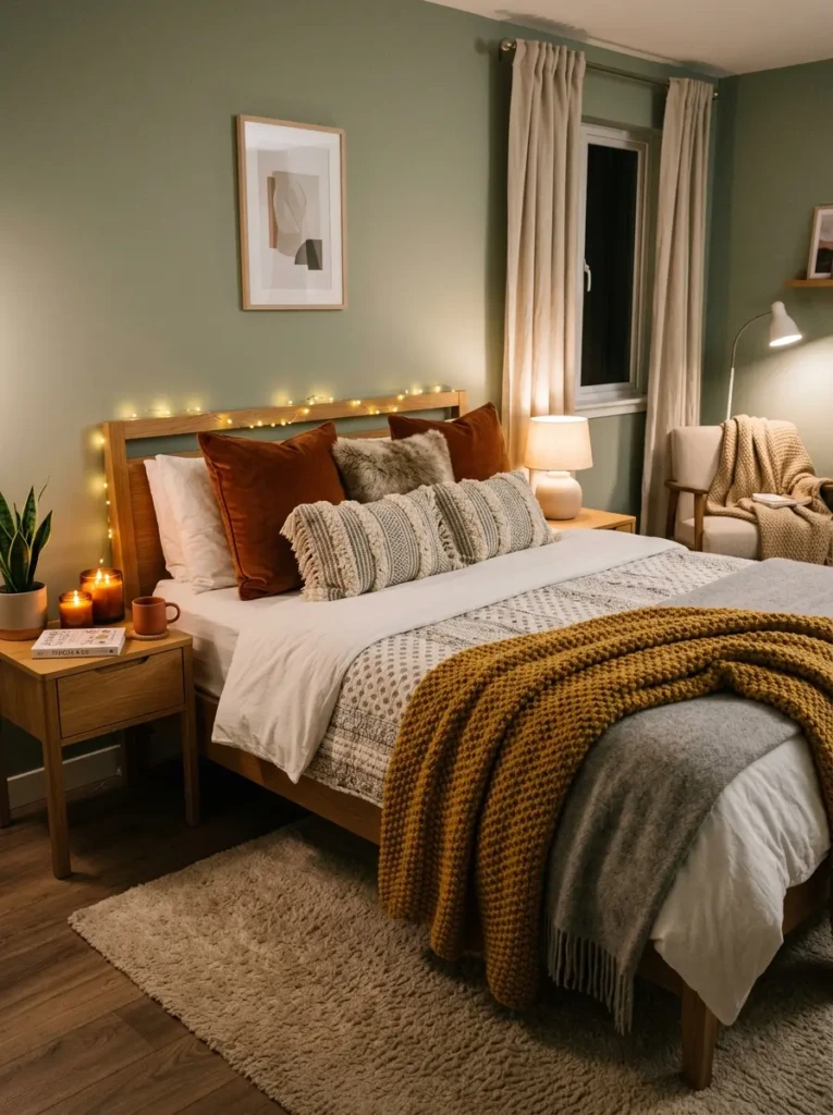 Simple warm bedroom ideas with throw blankets, pillows, and candles enhancing a cozy atmosphere