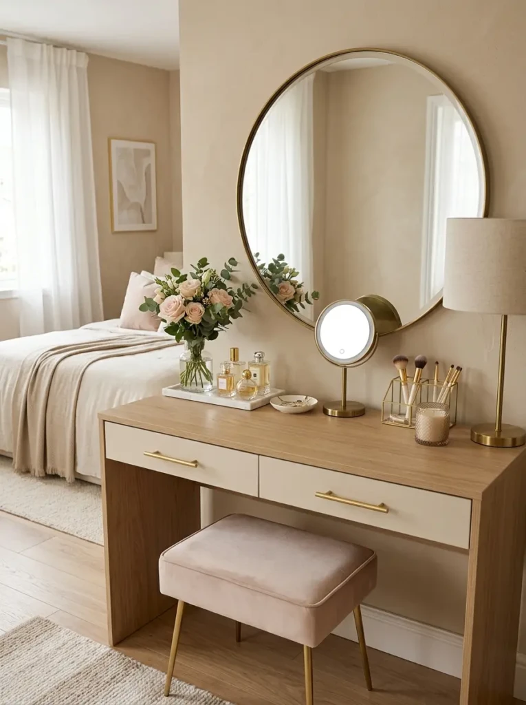 Bedroom vanity featuring neutral tones, pastel colors, and elegant coordinated decor