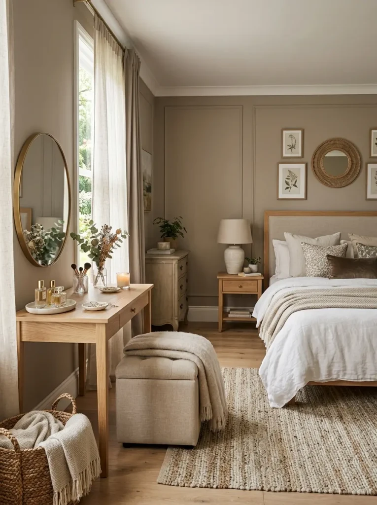 Beautiful bedroom featuring a cohesive vanity setup with stylish and relaxing decor