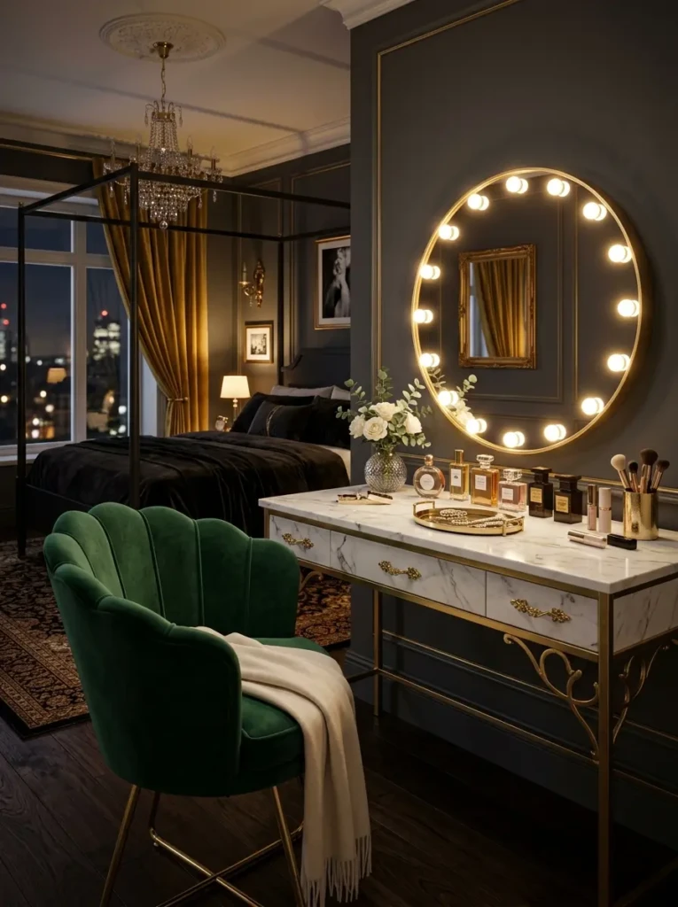 Luxurious vanity with LED mirror, gold accents, and velvet chair in elegant bedroom