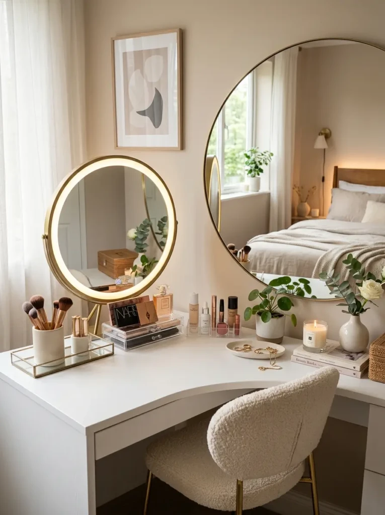 Organized vanity table showing a balance of beauty and functionality in bedroom design