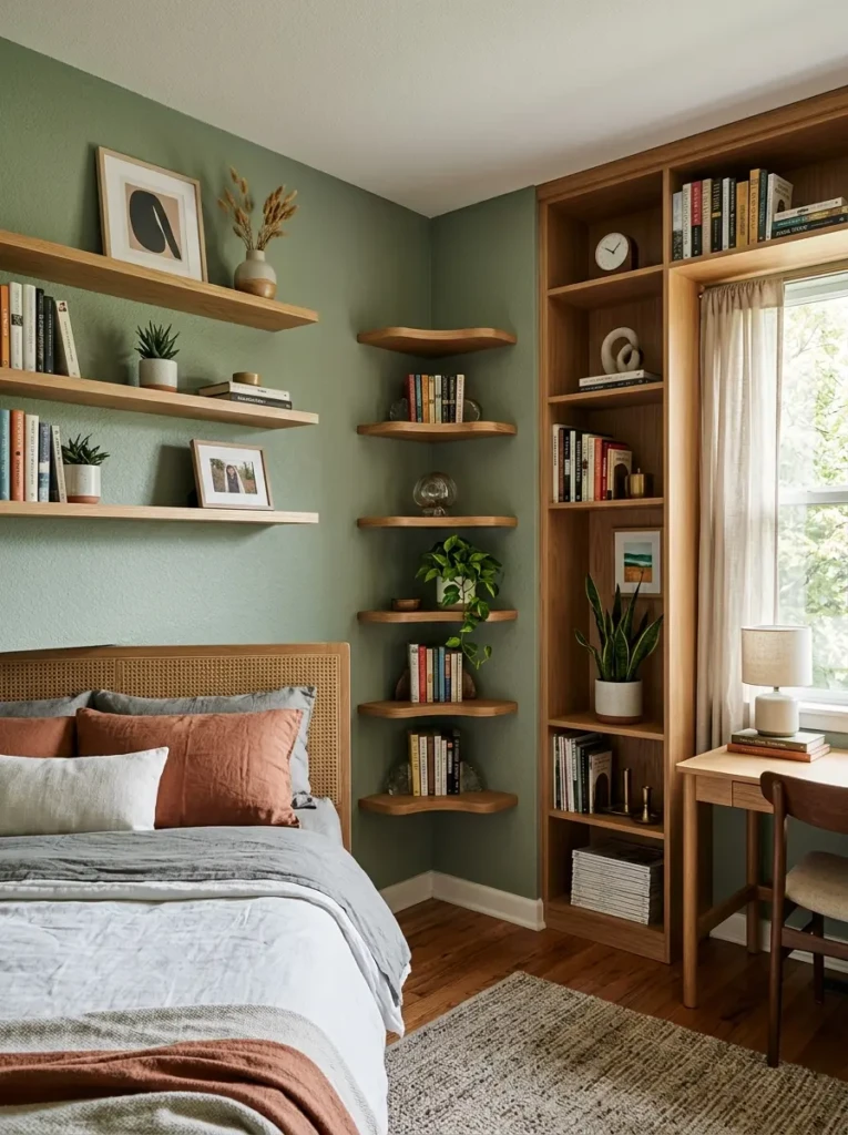 variety of shelves in bedroom including floating and built in shelf styles