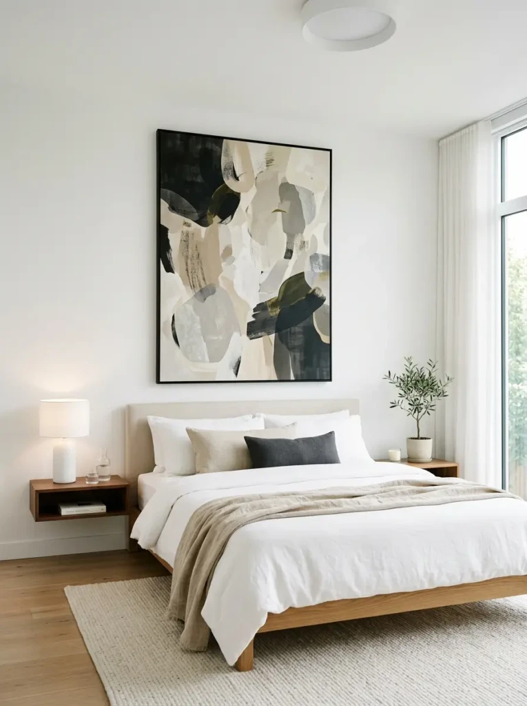 minimalist bedroom featuring oversized abstract wall art above bed with clean neutral modern decor