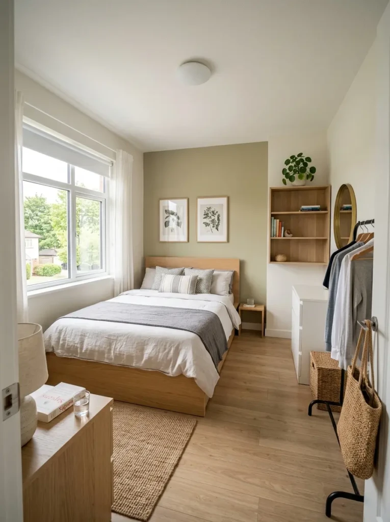 Small bedroom with bed against wall and open walking space for better layout