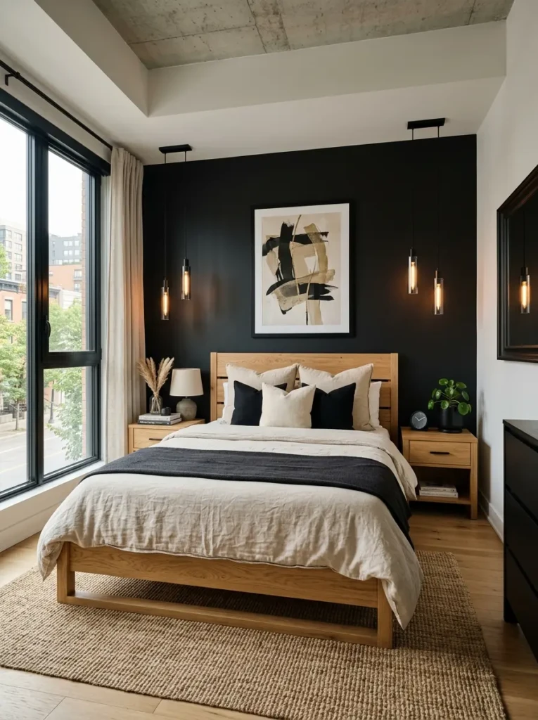 Urban modern bedroom with black accents, beige bedding, natural wood furniture, and sleek contemporary lighting.