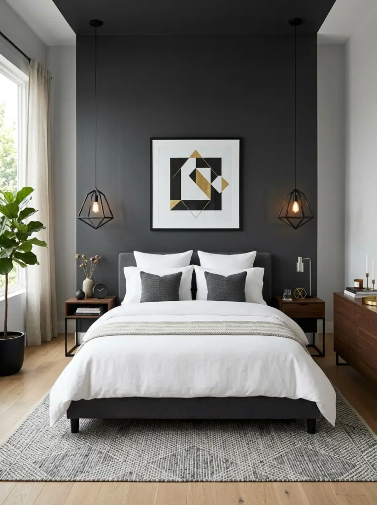 Stylish modern bedroom with charcoal accent wall, white bedding, black pendant lights, and geometric decor accents.