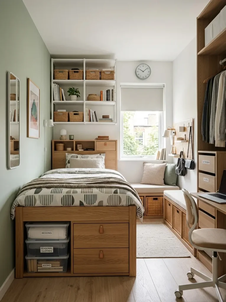 Bedroom with under-bed storage, vertical shelves, and organized hidden compartments